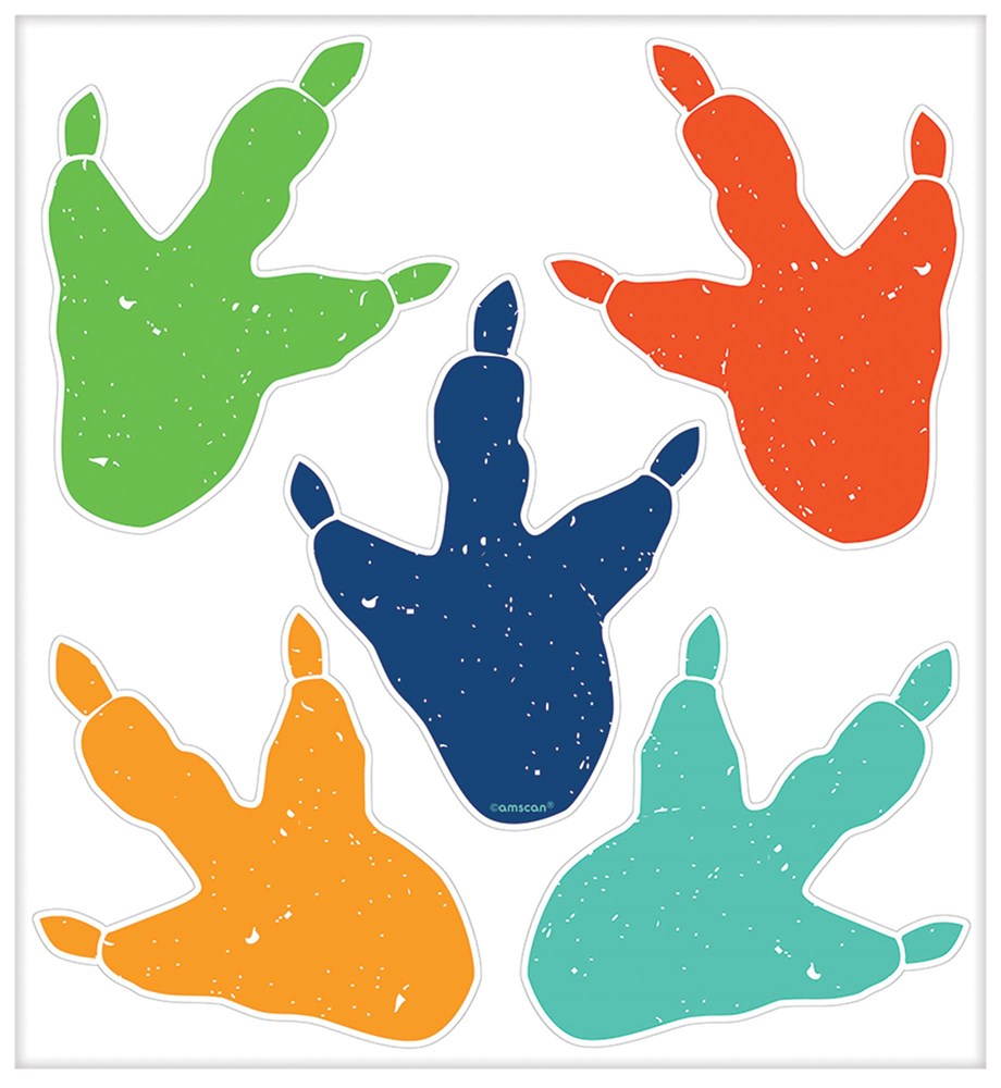 Set of five colorful vinyl dinosaur footprints in green, orange, blue, red, and teal with textured details.