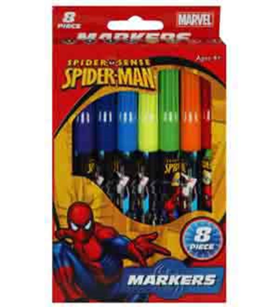Pack of 8 colorful Spider-Man markers in red and yellow Marvel-themed packaging.