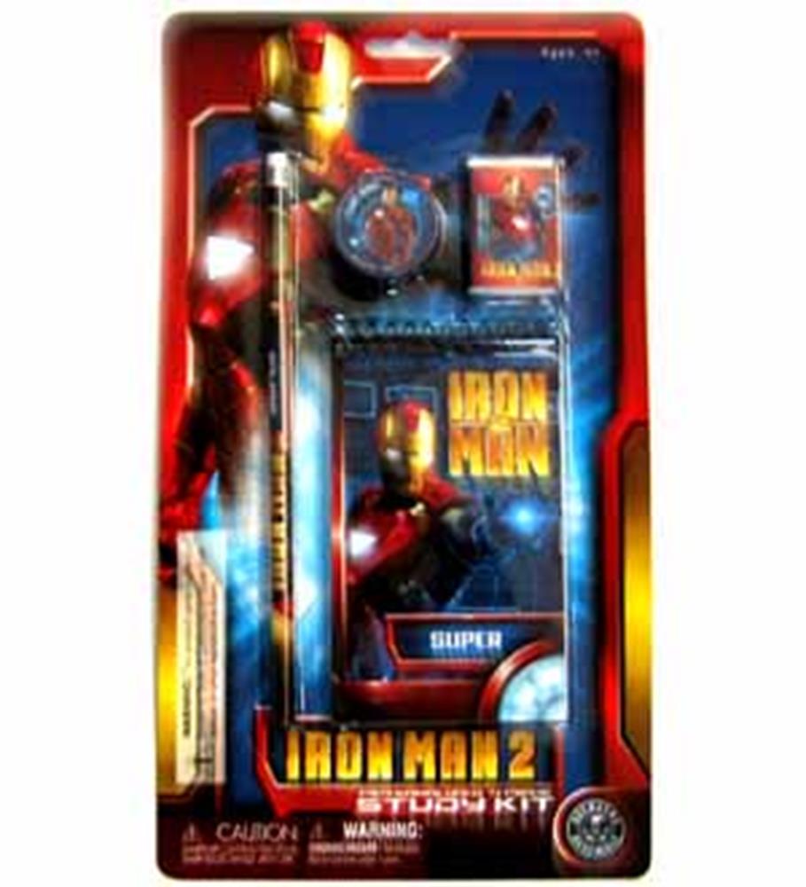 Iron Man 2 themed 4-piece study kit with pencil, sharpener, eraser, and ruler in red, gold, and blue packaging featuring.