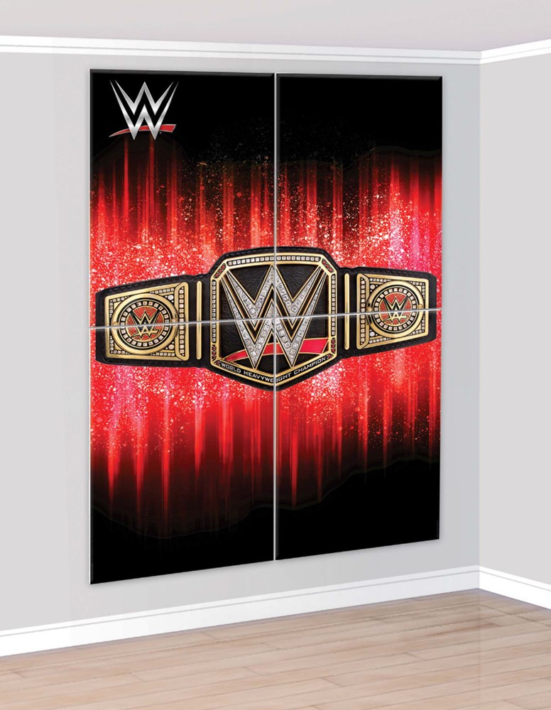 Four-panel wall decoration featuring a large WWE championship belt on a red and black sparkling background with the WWE logo