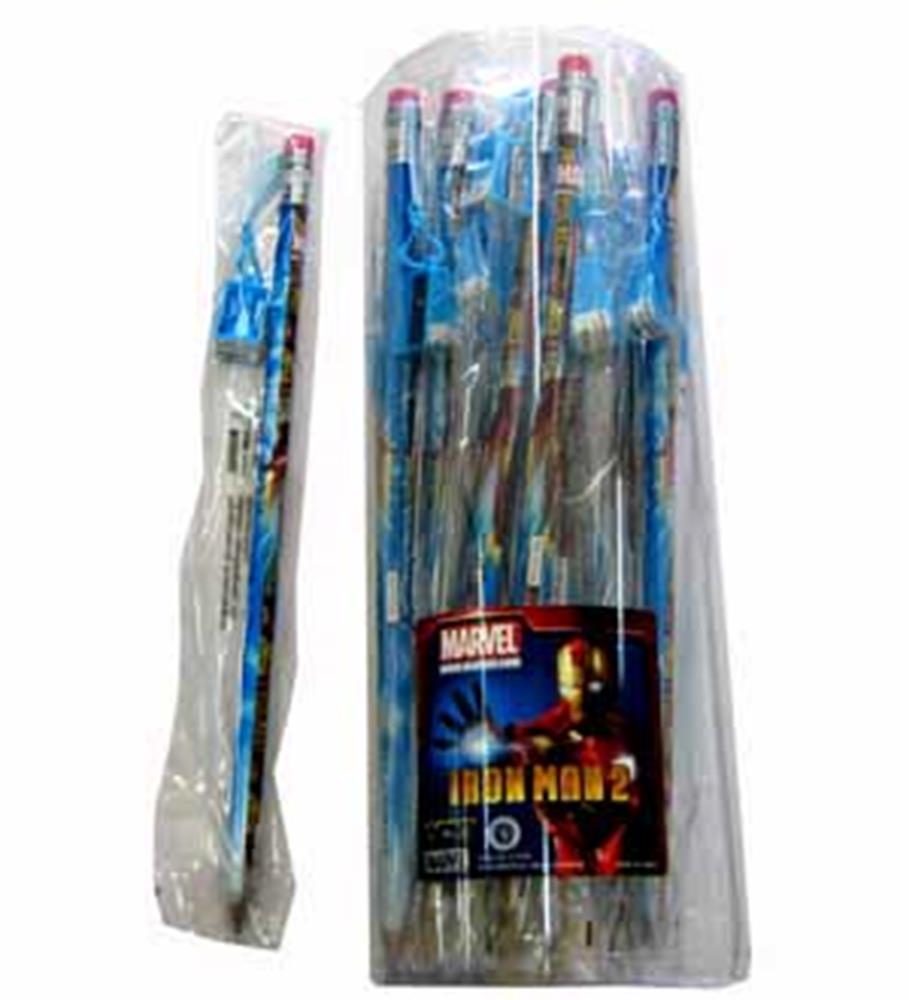 Set of Iron Man 2 jumbo pencils with red erasers and built-in blue plastic sharpeners in clear packaging.