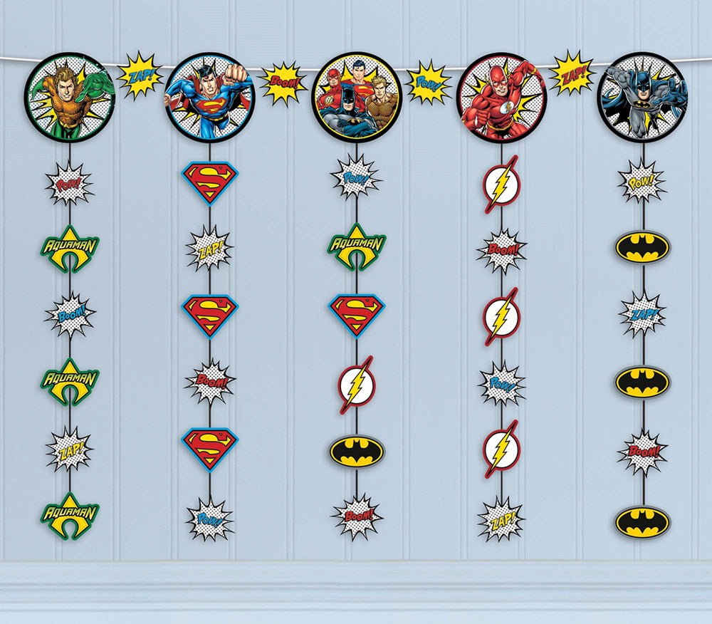 Colorful superhero-themed hanging decoration strands featuring characters like Batman, Spider-Man, and Superman with.