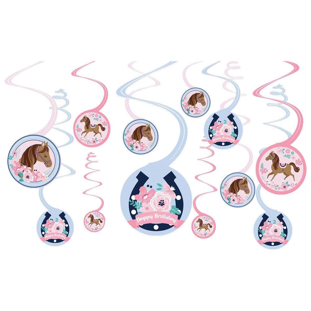 Pink and blue spiral hanging decorations with horse and horseshoe cutouts, 12 pieces.
