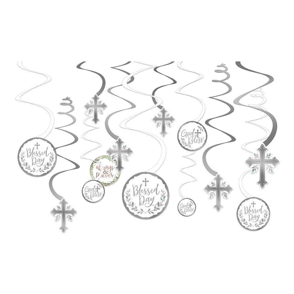 Silver spiral hanging decorations with round "God Bless You" and cross embellishments.