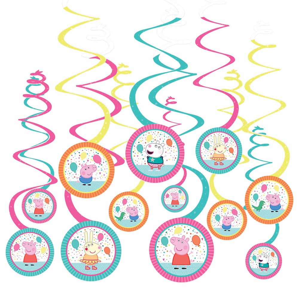Colorful spiral decorations in pink, yellow, and teal featuring Peppa Pig and friends on round confetti discs.