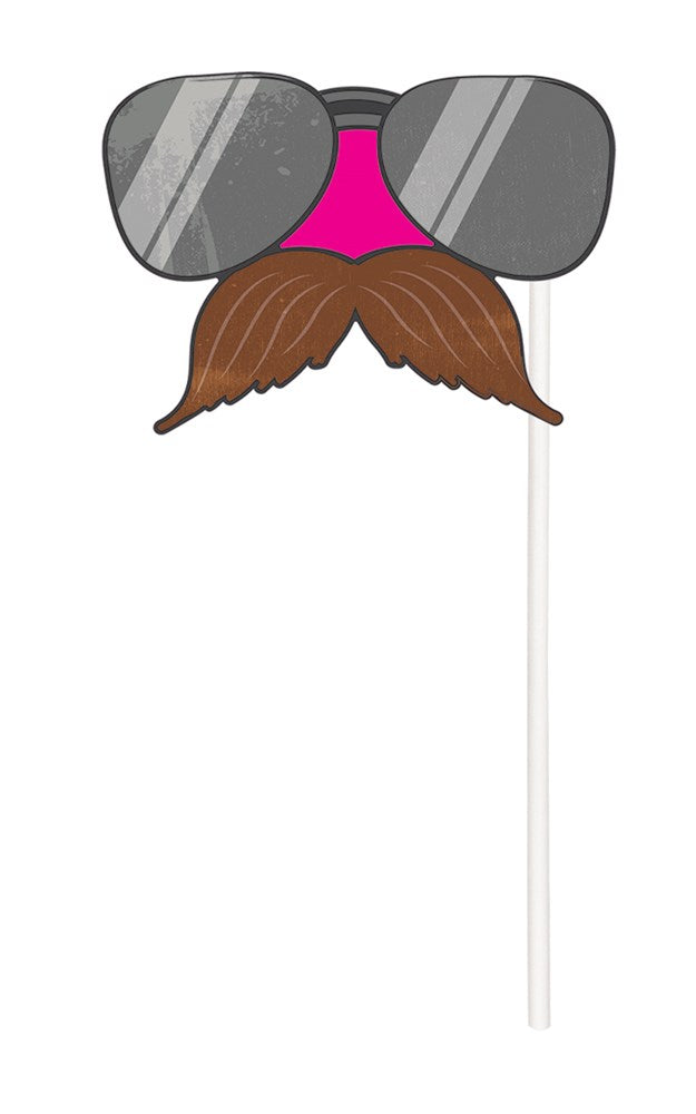 Gray oversized sunglasses with dark lenses, a pink bridge, and a brown mustache attached, on a white stick handle.