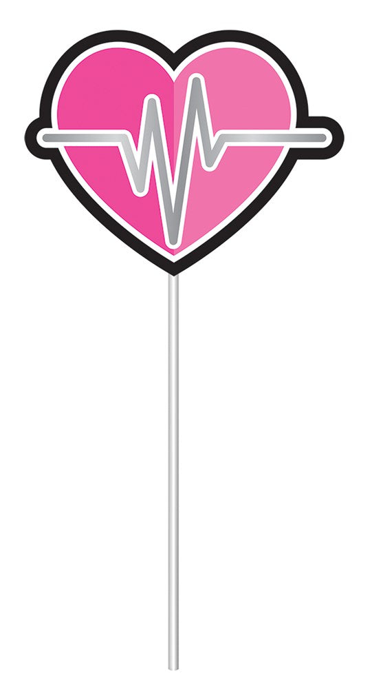 Pink heart-shaped sign with white heartbeat line on a stick prop.