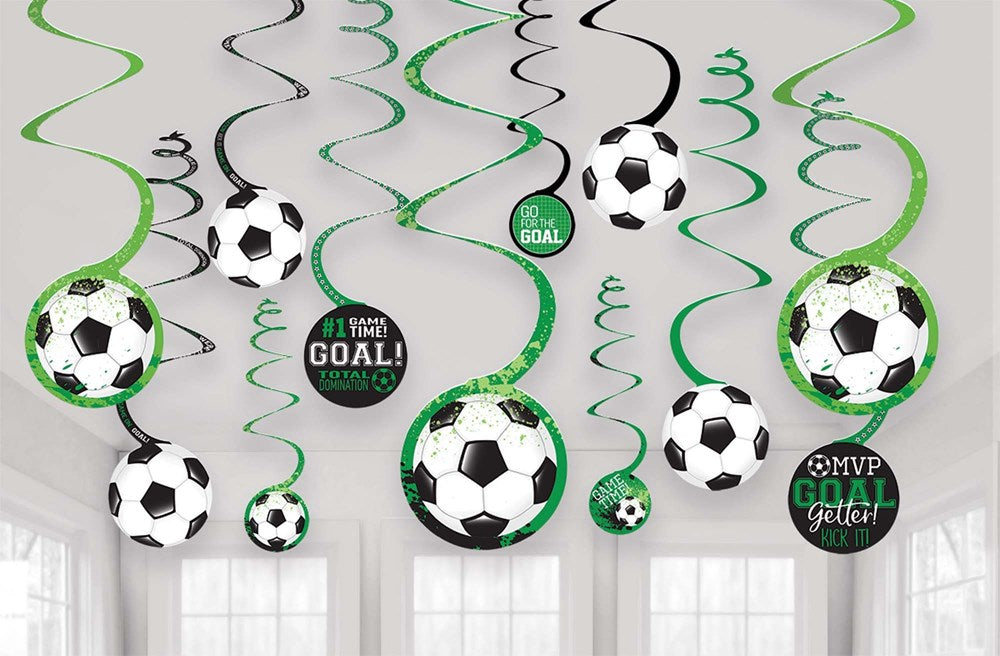 Black and green spiral hangers with soccer ball and "Goal Getter" round paper decorations.
