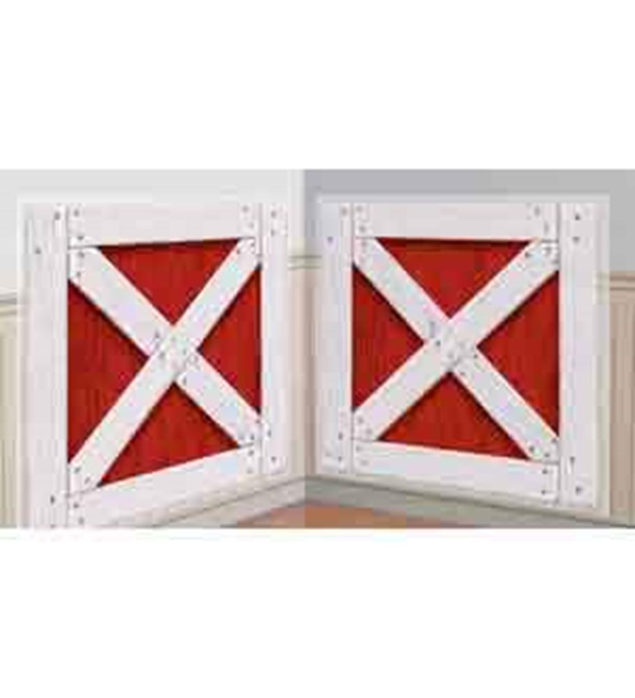 Red and white wooden barn shutter corner backdrop with distressed finish for kids' birthday party.