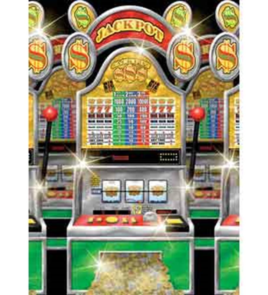 Casino slot machine room roll backdrop with colorful jackpot and reel graphics.