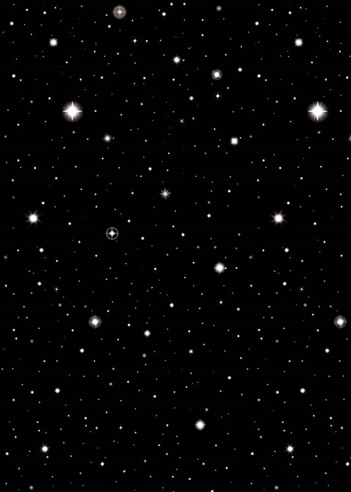 Black plastic room roll decorated with white and silver star and dot patterns resembling a starry night sky.