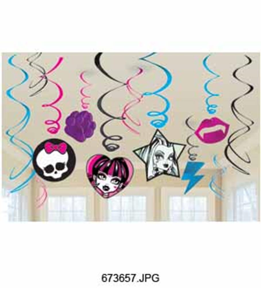 Black, pink, and blue spiral streamers with Monster High skull, heart, star, lips, paw, and lightning bolt hanging.