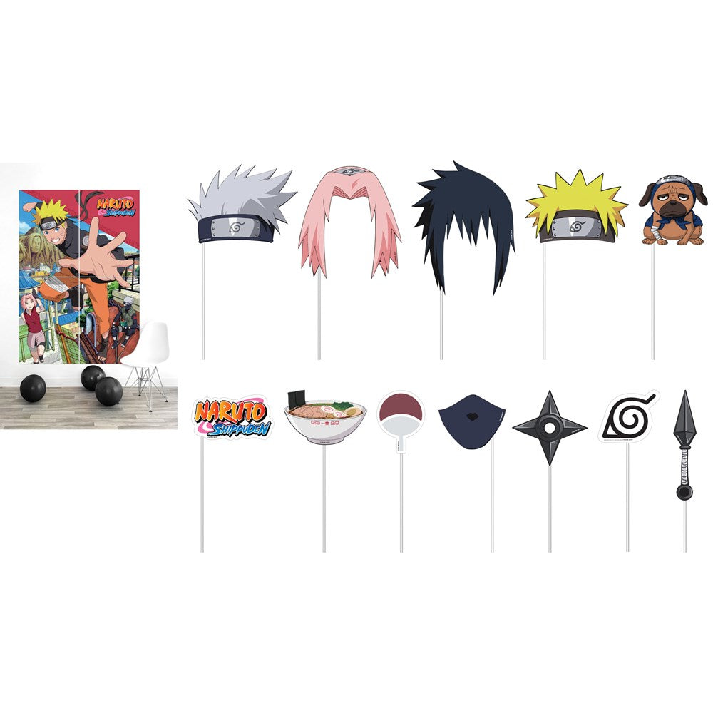 Naruto-themed 16-piece cardboard props set featuring character headbands, hairpieces, ninja tools, and logo on sticks.
