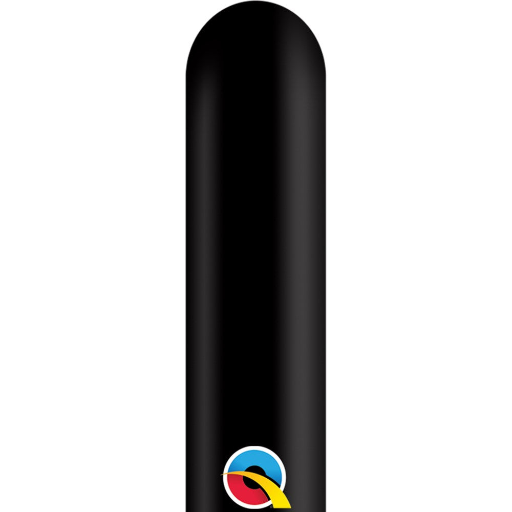 Onyx black 260Q latex balloon, long and narrow twisting shape, smooth finish.