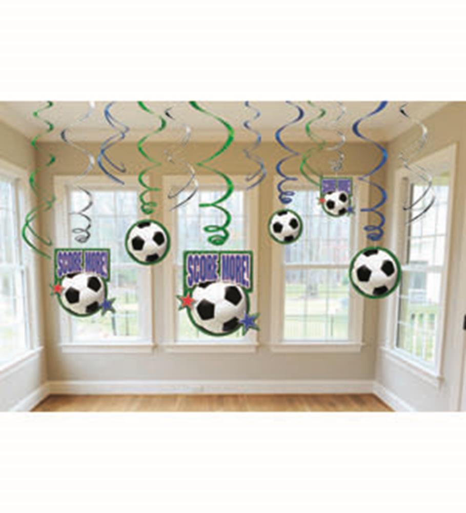 Green and blue spiral streamers with hanging black and white soccer ball cutouts and "Soccer Deco Swirl" signs.