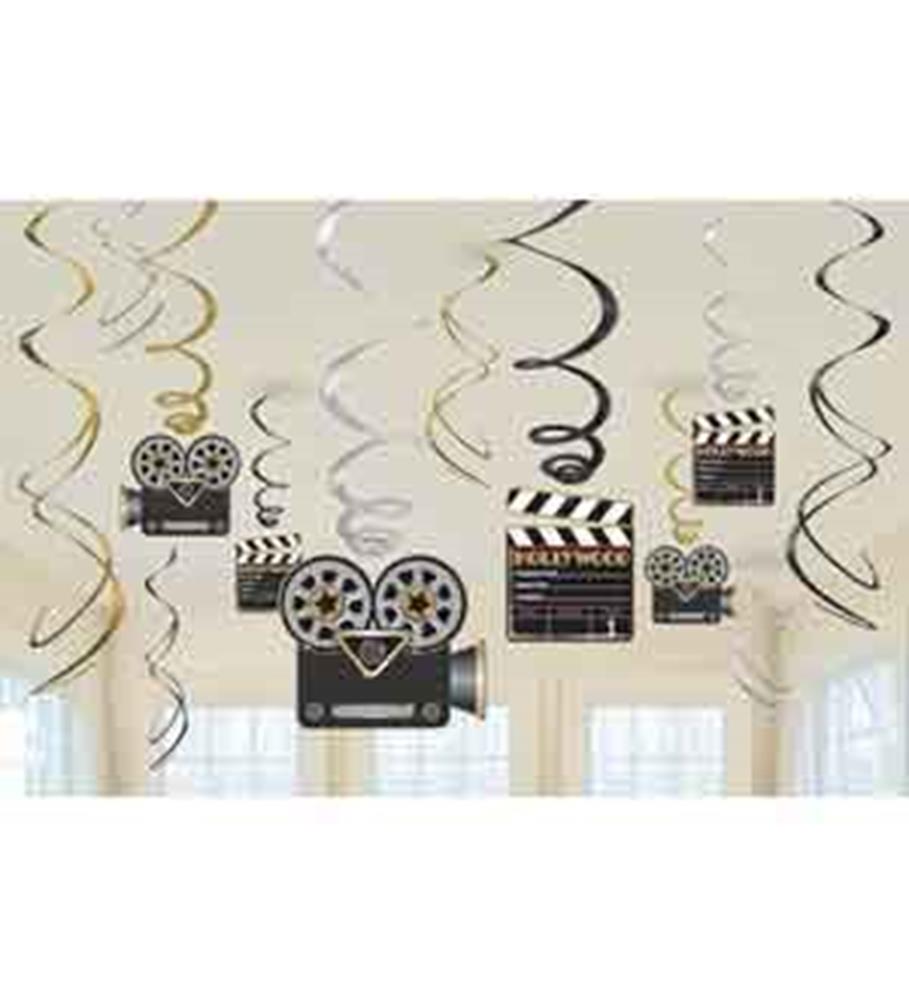 Gold, silver, and black spiral hanging decorations with attached film reels and clapboard cutouts for party decor.