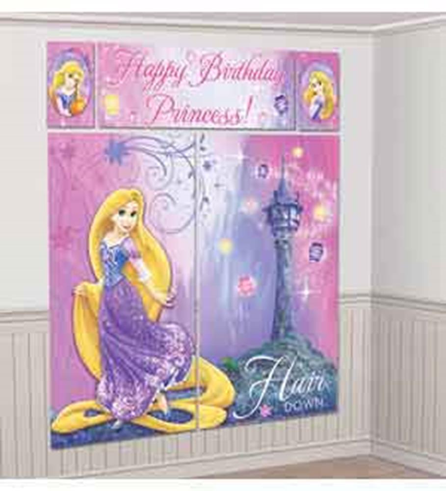 Purple Rapunzel scene setter mural with tower, pink flowers, and "Happy Birthday Princess!" text.