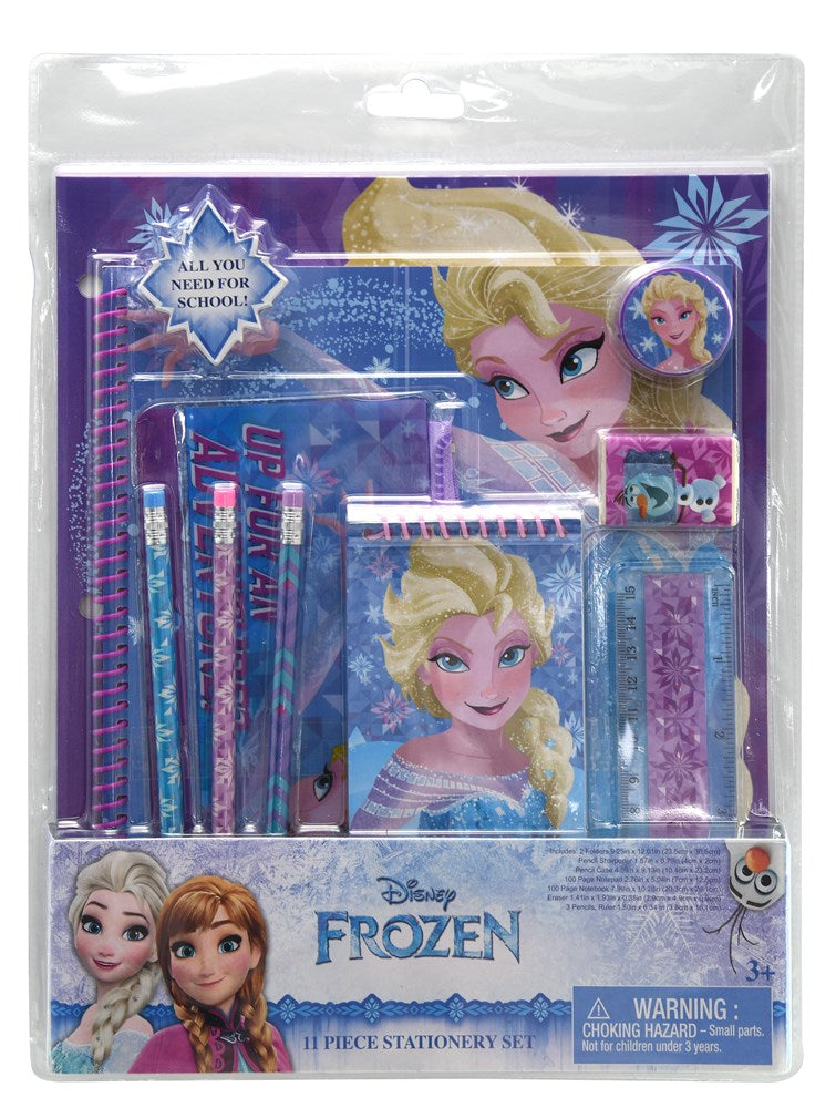 Frozen-themed 11-piece party set with Elsa and Anna on plates, cups, napkins, and party favors in purple and blue tones.