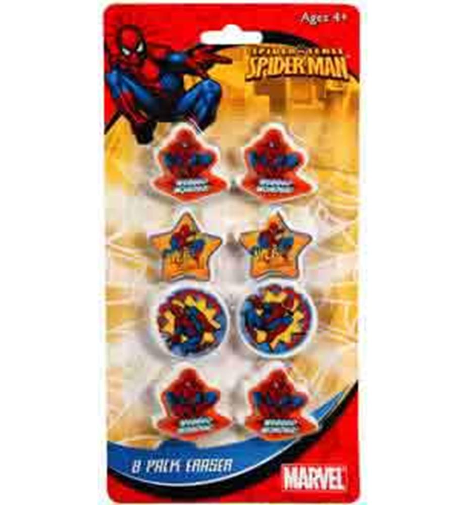 Set of eight Spider-Man erasers in various shapes including Spider-Man poses, stars, and logos on yellow Spider-Man themed.