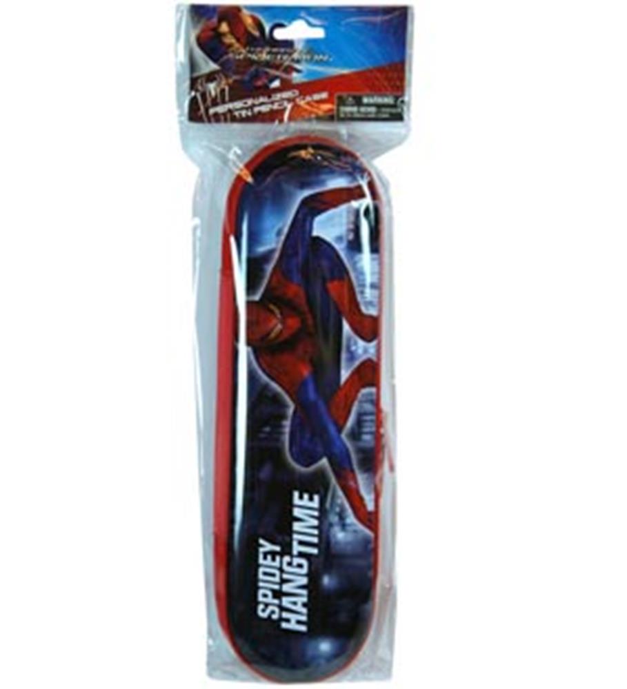 Rectangular tin pencil case with Spiderman graphic in red and blue, featuring "Spidey Hangtime" text and a black zipper.