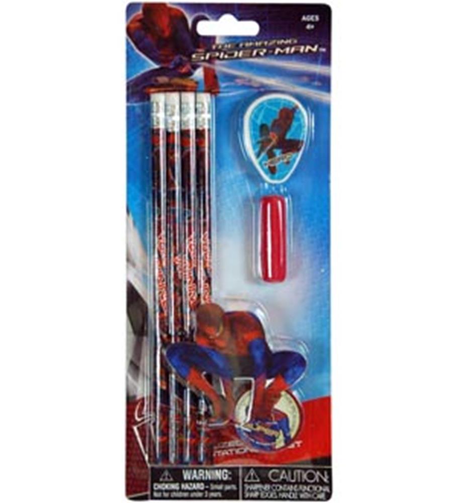 Spiderman-themed stationery set with four pencils, eraser, sharpener, and red cap on themed backing card.