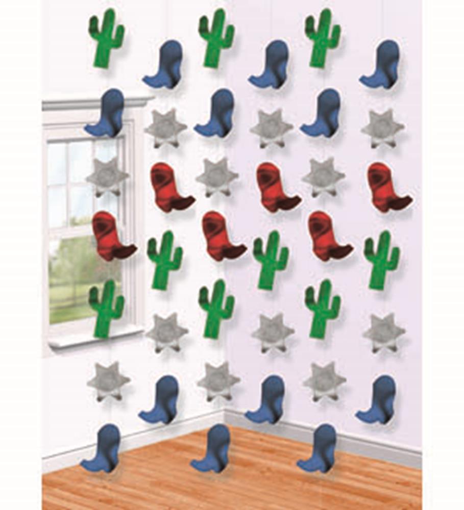 Colorful Western-themed wall decorations featuring green cacti, blue cowboy boots, red cowboy boots, and silver sheriff.
