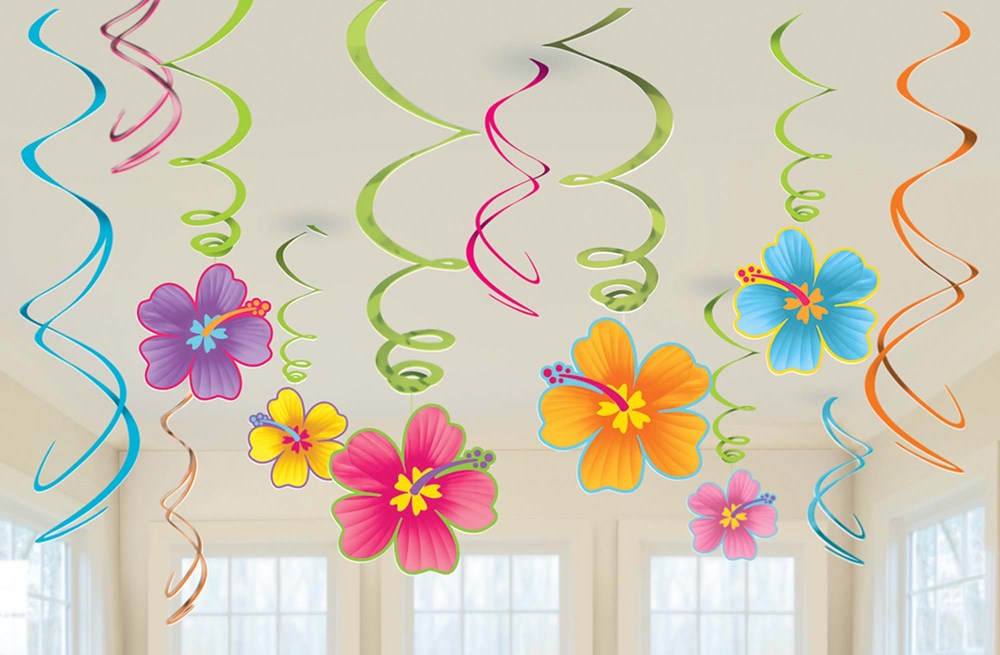 Colorful paper swirl decorations with tropical flower cutouts in pink, orange, yellow, blue, and purple, hanging from the.