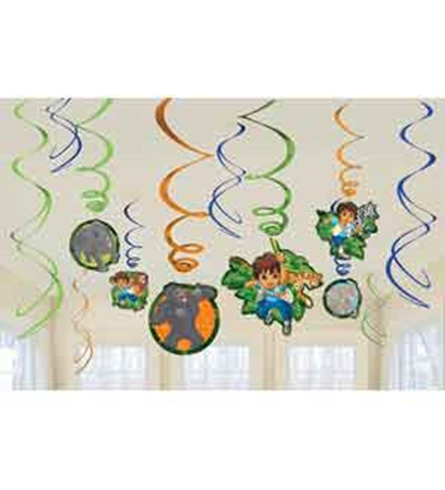Blue, green, orange, and cream spiral hanging swirls with Diego and animal character cutouts for kids party decoration.