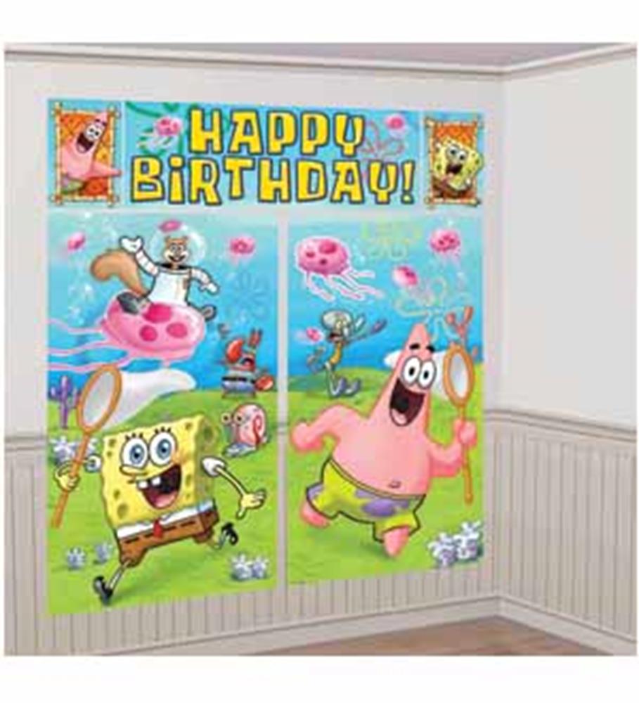 SpongeBob and Patrick underwater birthday wall decorations with bright blue and green backgrounds, "Happy Birthday" text in.