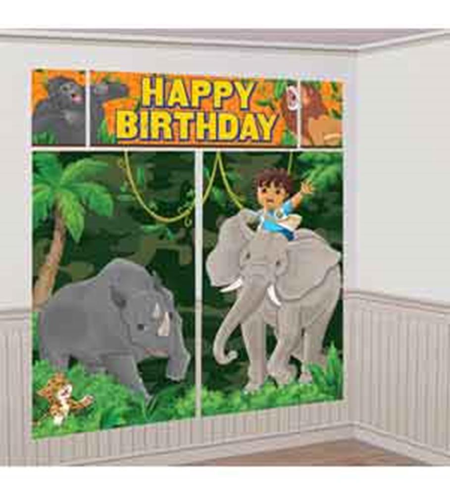 Colorful jungle-themed birthday scene setter featuring Diego riding a gray elephant with a rhino and tropical greenery.