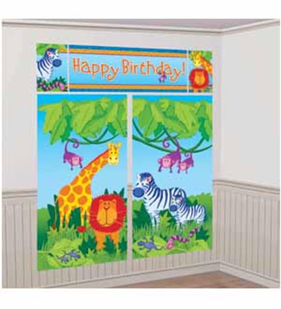 Colorful jungle scene setter with giraffe, lion, zebra, monkeys, and "Happy Birthday" text.