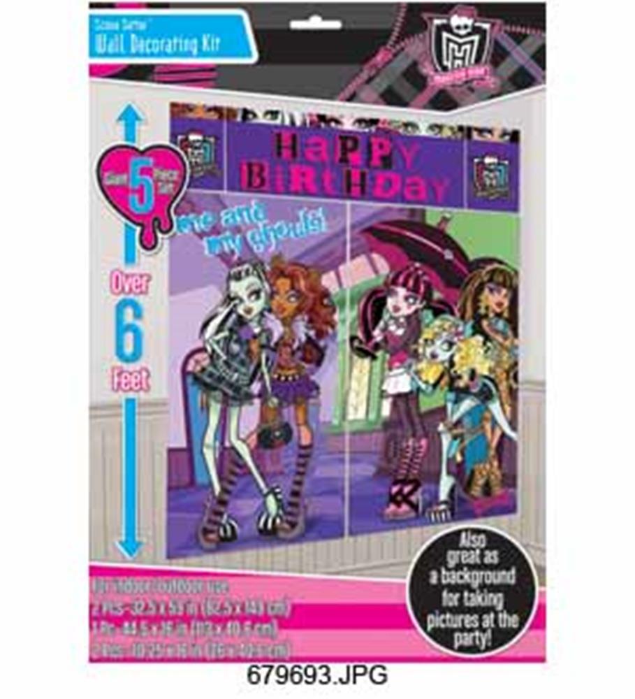 Large vertical wall banner with colorful Monster High characters and "Happy Birthday" text in purple and pink tones.