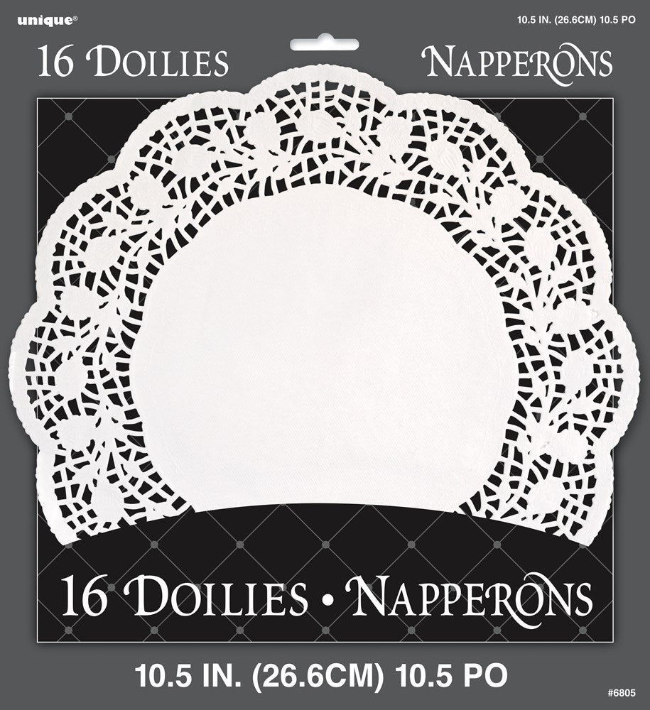 White 10-inch round paper doilies with intricate lace-like cutout edges, pack of 16.