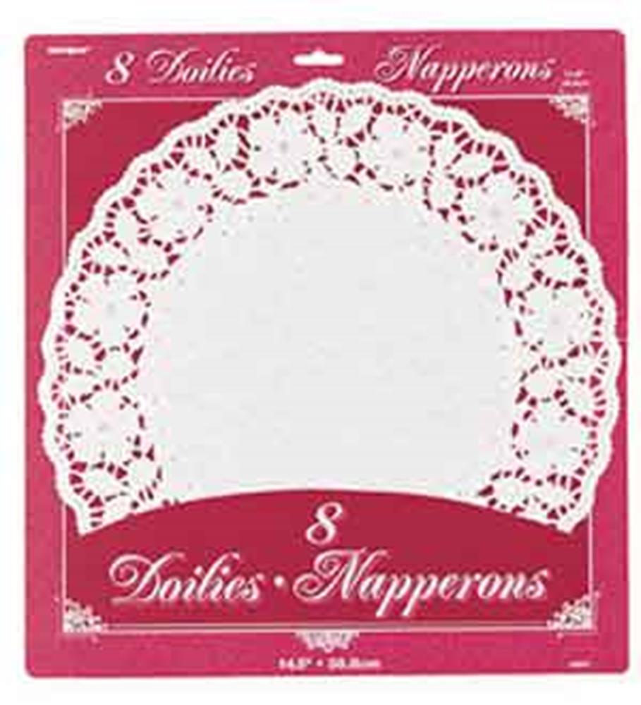 Set of eight white paper doilies with intricate lace-like edge pattern, 14.5 inches diameter, on red packaging.
