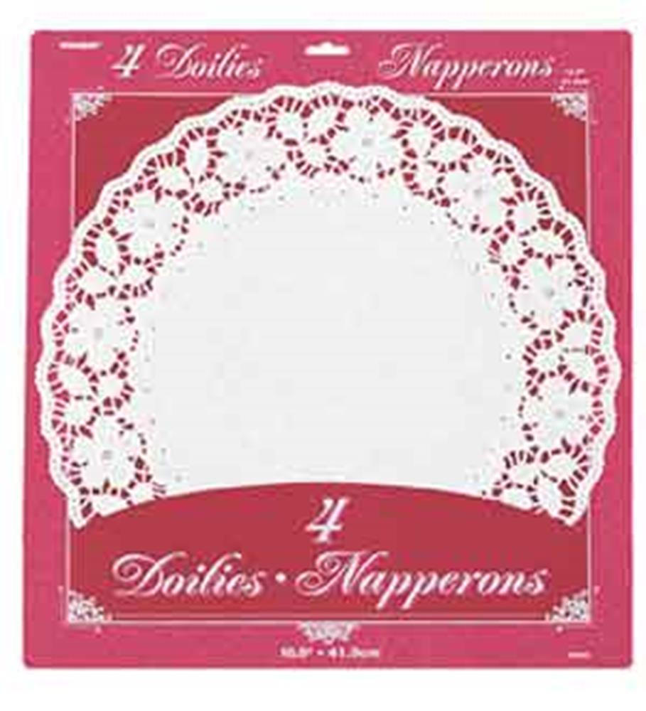 Four white lace paper doilies with intricate floral cutout patterns, 16.5 inches diameter, packaged on red backing.