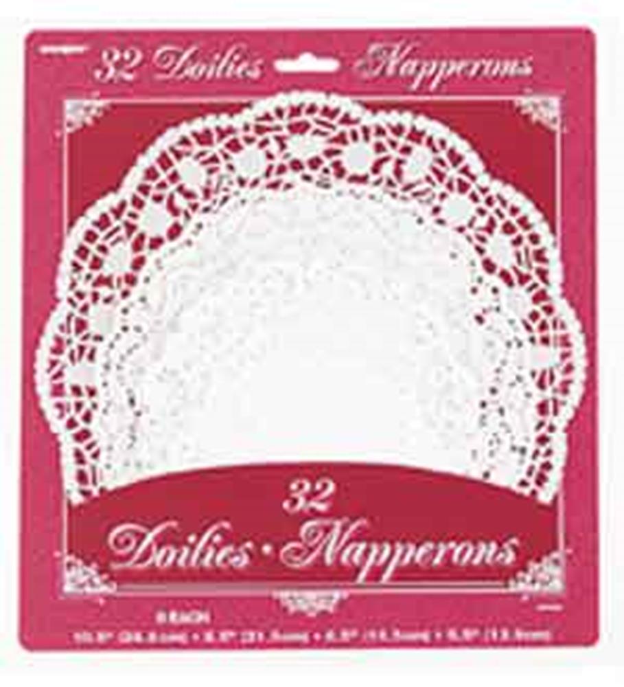 Pack of 32 white lace paper doilies with intricate floral and geometric patterns on red packaging.