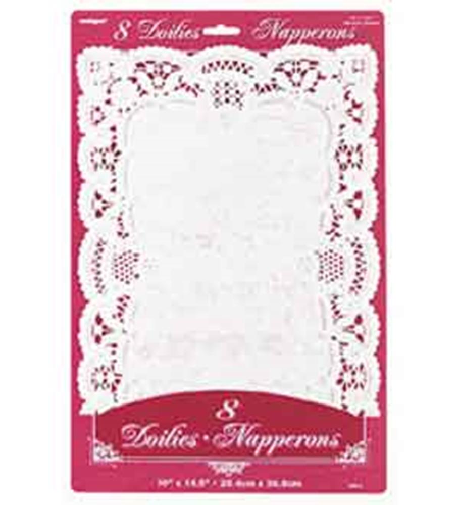 White paper doilies with intricate lace patterns, rectangular shape, pack of eight.