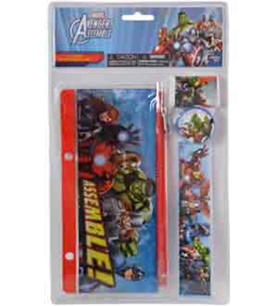 Avengers 4-piece stationery set with Hulk, Iron Man, and Captain America designs, includes folder and ruler.