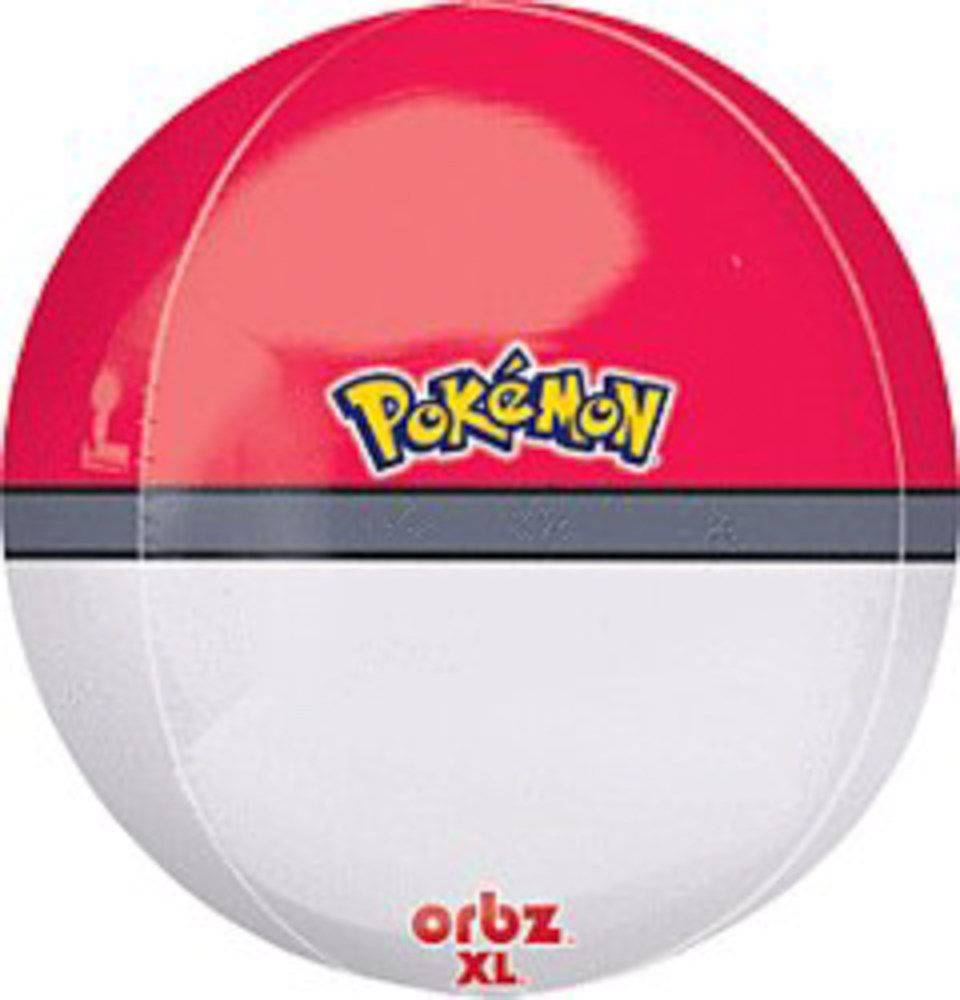 Red and white spherical Pokeball with black band and Pokémon logo on glossy 16-inch orb.