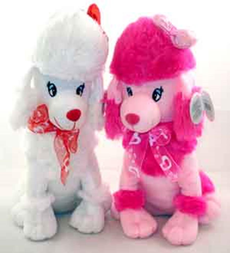 White and pink plush poodle toys with fluffy fur and decorative bows, 15 inches tall.