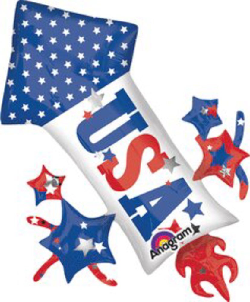 Flat foil balloon with red, white, and blue USA lettering and scattered star-shaped balloons in patriotic colors.