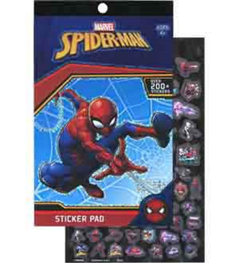 Spiderman sticker pad with red, blue, and black cover featuring Spiderman in action and over 200 stickers inside.