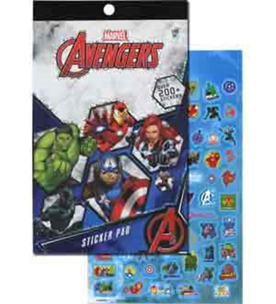 Marvel Avengers sticker pad with Iron Man, Captain America, Hulk, and Black Widow on the cover, plus colorful superhero.