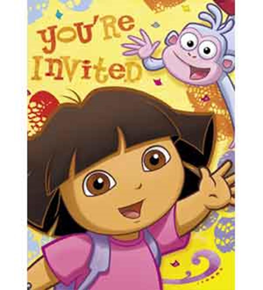 Dora the Explorer birthday invitation with bright yellow background and purple Boots character waving.