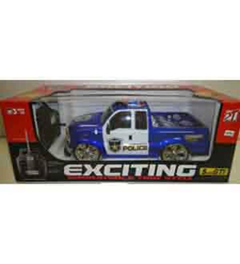 Blue and white RC police pickup truck with silver wheels and detailed decals in black and red packaging labeled "Exciting".