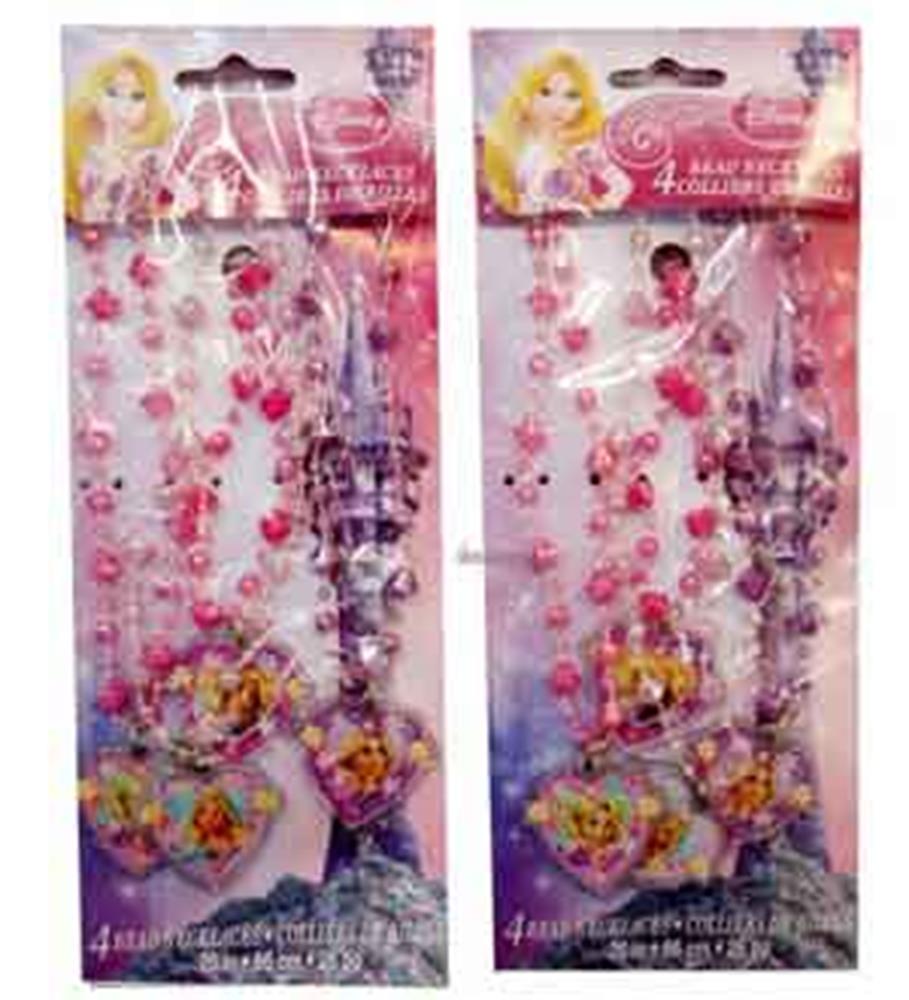 Four colorful plastic bead necklaces with Tangled-themed heart-shaped pendants, pink and purple beads, packaged for girls'.