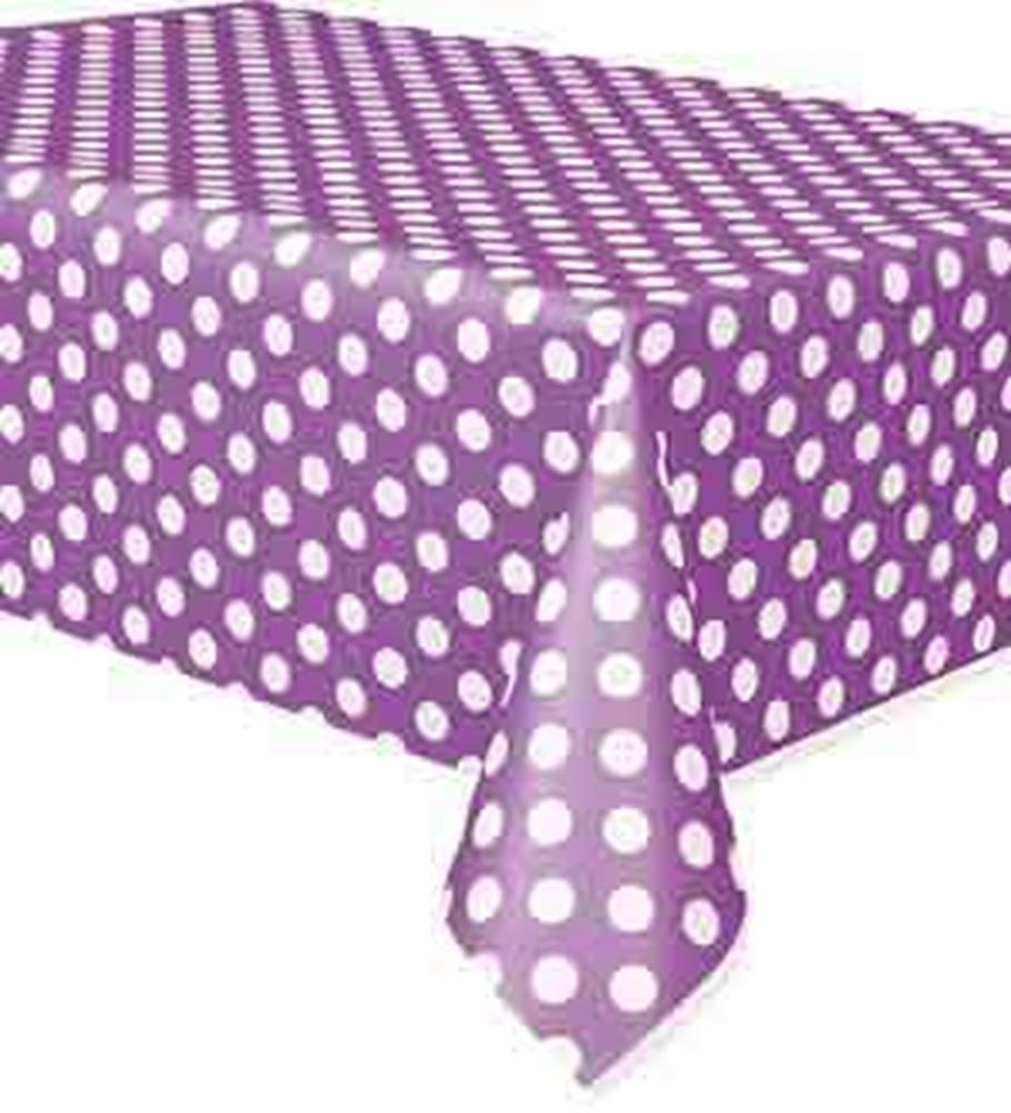 Purple tablecloth with white polka dots, rectangular plastic party covering.