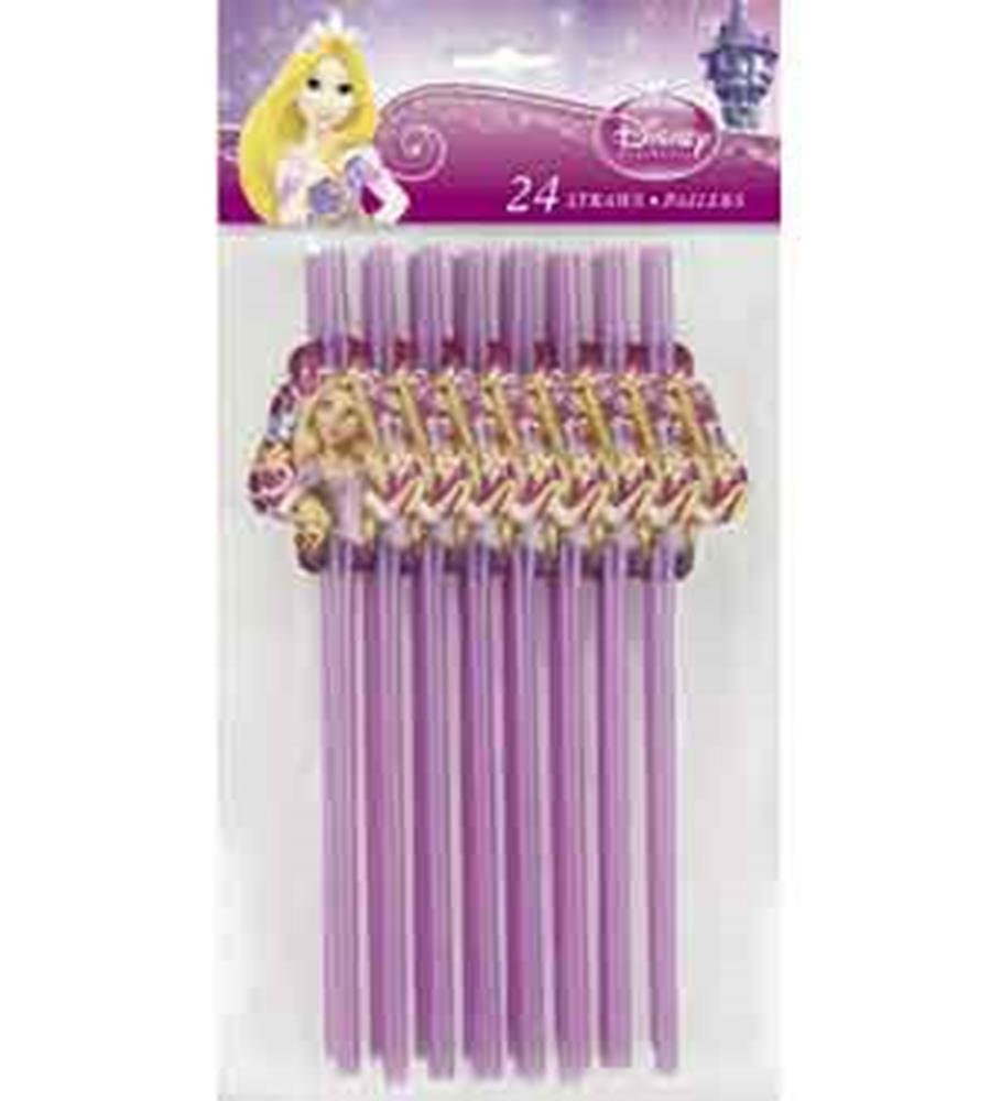 Set of 24 purple plastic party straws with Rapunzel character toppers from Tangled themed party pack.