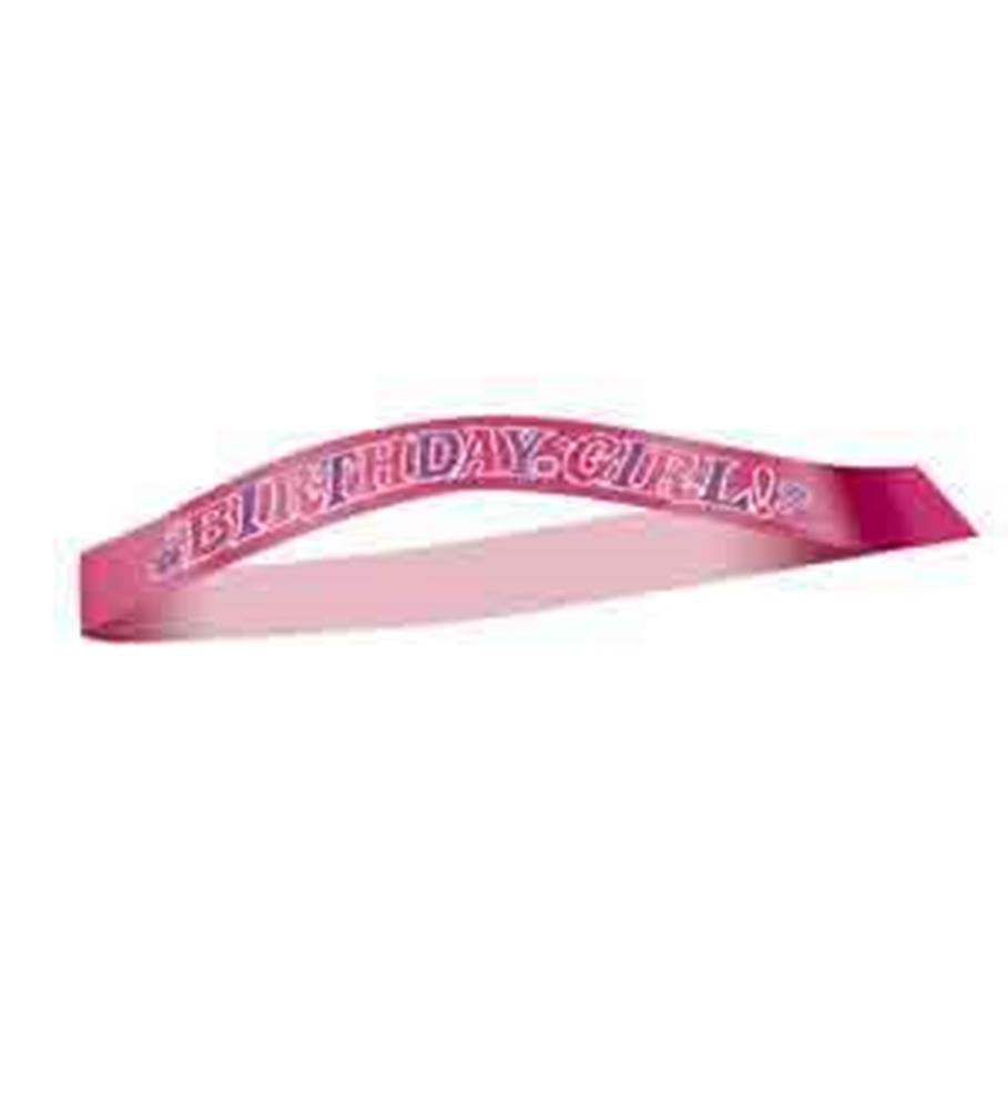 Pink satin sash with silver glitter "Birthday Girl" lettering across the front.