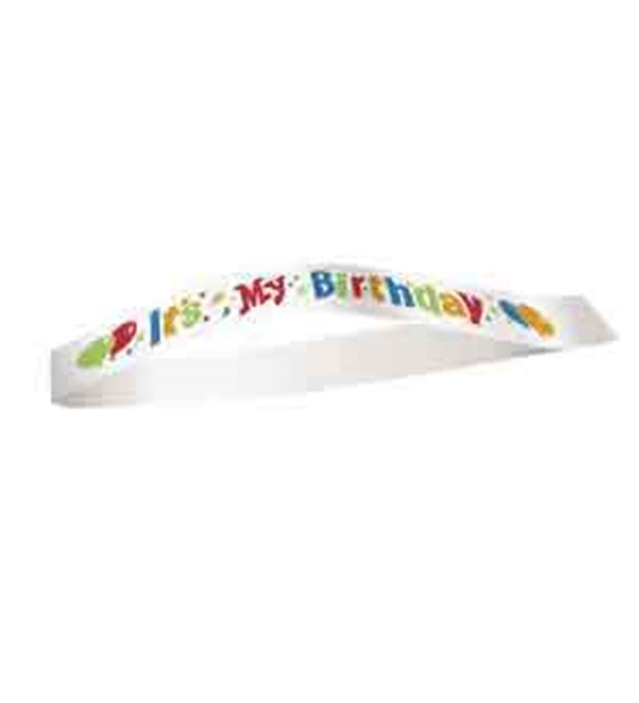 White satin sash with colorful "It's My Birthday" text and festive icons.